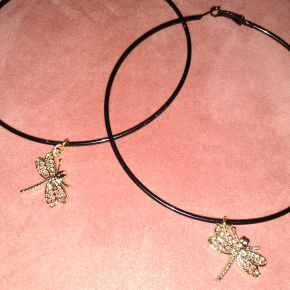 KATTA Huge 5" Dragonfly Black Hoops Oversized Hoop Earrings Charms Dragonflies - Picture 6 of 10